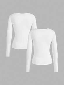 SHEIN EZwear 2pcs/Set Women Deep V-Neck Slim Fit Casual Long Sleeve T-Shirt Top Set, Suitable For Autumn/Winter - White - View 2