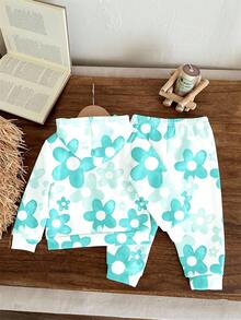 SHEIN 2 件套卡哇伊卡通蓝色兔子露露，针脚图案，渐变花卉印花宽松休闲套头连帽衫套装，适合年轻女孩，返校季，2000 年代风格，韩版，秋冬，垃圾摇滚，条纹，舒适轻松，时尚童装，可爱连帽衫，女童冬装，嬉皮士，音乐节，BM，复古甜美 - 彩色 - 查看 5