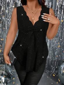 Femmeverse 大码女式圆领亮片装饰休闲吊带背心 - 黑色 - 查看 5