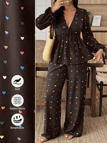 SHEIN LUNE Plus Size Heart Print Shirt And Pants 2 Pieces Set - Multicolor - View 1