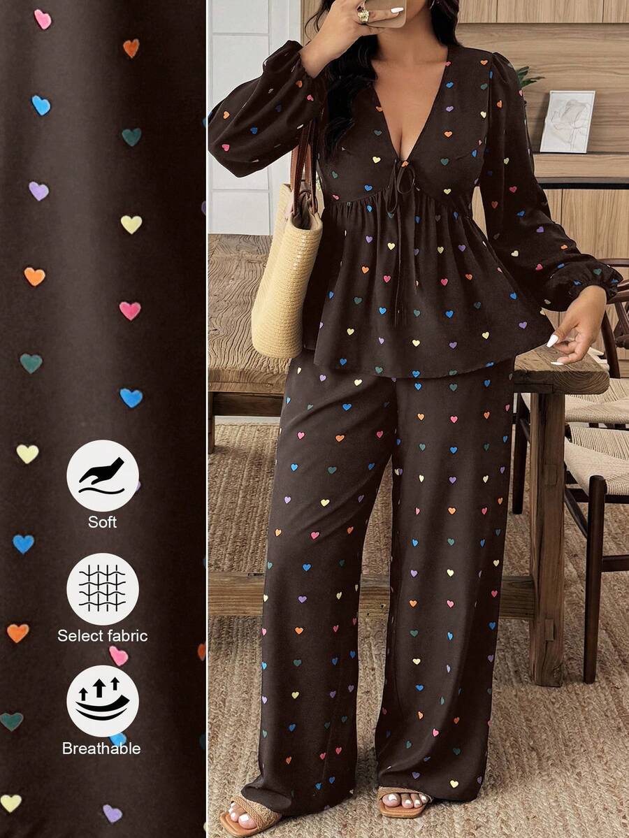 SHEIN LUNE Plus Size Heart Print Shirt And Pants 2 Pieces Set - Multicolor - View 1