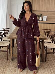 SHEIN LUNE Plus Size Heart Print Shirt And Pants 2 Pieces Set - Multicolor - View 6
