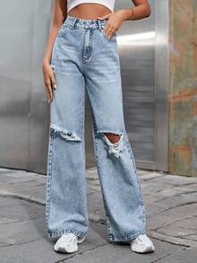 SHEIN EZwear Damen Winter Jeans mit Taschen, Destroyed-Optik, Loose Fit, Weites Bein, Verstärkte Denim