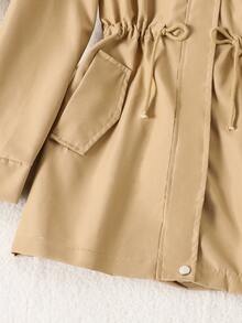 SHEIN 少女卡其色风衣外套，中长款，韩版，长袖，连帽，休闲，收腰 - 卡其色 - 查看 4
