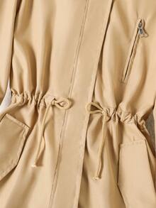 SHEIN 少女卡其色风衣外套，中长款，韩版，长袖，连帽，休闲，收腰 - 卡其色 - 查看 5