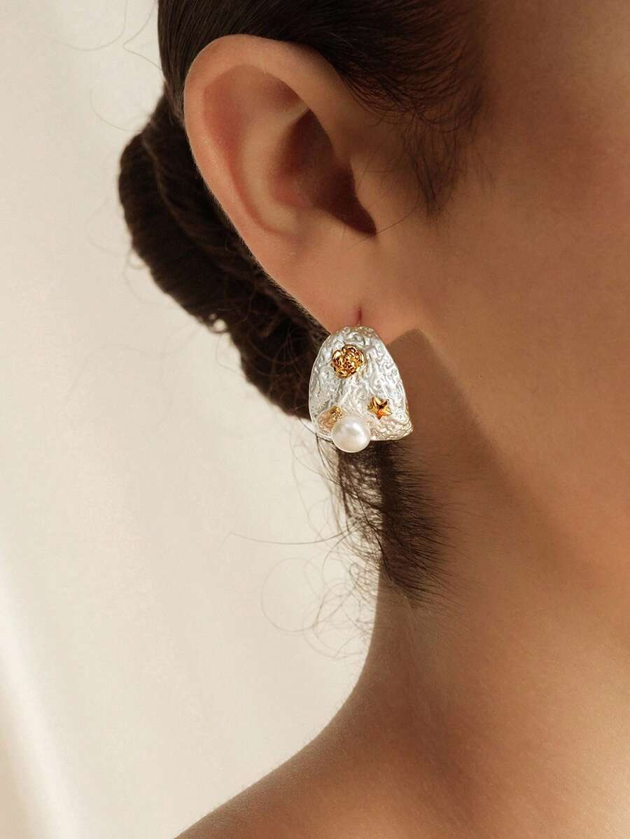 Opalesca Dual-Tone Lava Texture Natural Faux Pearl Elegant Hoop Earrings,Holiday,Vacation,Party,ElEGANT,PREMIUM,PEARL,For Mom/Women/Girl/Mother,Fall/Autumn/Winter,Outfits,Old Money,Premium,Pearl,Elegant,Fairycore/Fairy - Multicolor - View 1