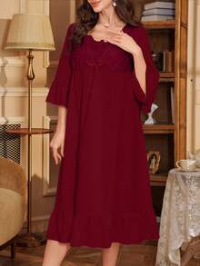 3D刺绣二合一V领荷叶袖女士睡裙娃娃衫假日季、宽松长袍、秋季、冬季 - 酒紅色 - 查看 5