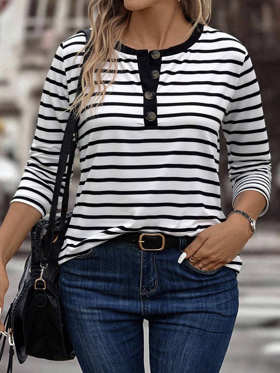 EMERY ROSE New Plus Size Women Fashion Printed Striped Button Long Sleeve Blouse - Multicolor - View 1