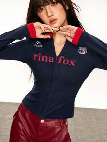 Rina Fox 2025 女士时尚拉链字母印花长袖T恤 - 藏蓝色 - 查看 8