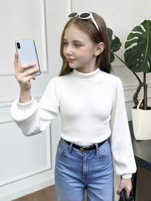 SHEIN 少女纯白色罗纹高领灯笼长袖T恤，休闲日常穿着，可与妈妈亲子装搭配，时尚秋季款