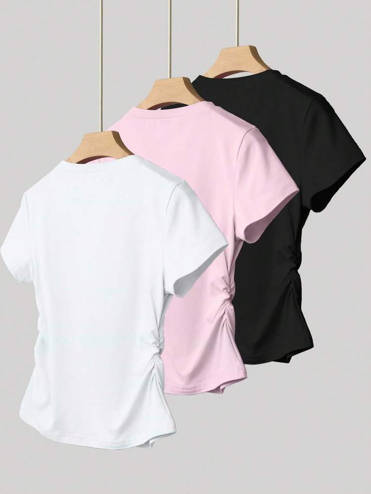 INAWLY 3 件套女士休闲百搭褶皱腰短袖 T 恤，适合夏季 - 彩色 - 查看 2