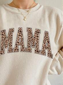 EMERY ROSE Áo nỉ nhung cổ tròn tay dài in chữ MAMA thời trang tối giản dành cho nữ, quà tặng bạn bè, mùa thu/đông - Màu be - Xem 3