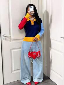 BamGleam Suéter de Tricô Casual com Mangas Longas, Gola Colorida para Outono/Inverno Feminino - Multicolorido - Visão 1