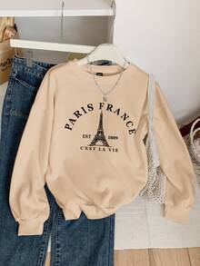 SHEIN EZwear Sweat-shirt-shirt ample à col rond imprimé de la Tour Eiffel, style minimaliste décontracté. Manches longues épaisses, convient pour l'automne/l'hiver - Nude - Voir 1