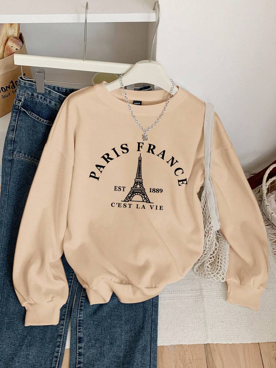 SHEIN EZwear Sweat-shirt-shirt ample à col rond imprimé de la Tour Eiffel, style minimaliste décontracté. Manches longues épaisses, convient pour l'automne/l'hiver - Nude - Voir 1