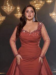 Glamrae Plus Size Elegant Romantic Withered Rose Color Square Neck Long Sleeve Sheer Luxury Rhinestone Bubble Ruffle Decor Mermaid Hem Embellished Formal Evening Gown - Rusty Rose - View 2