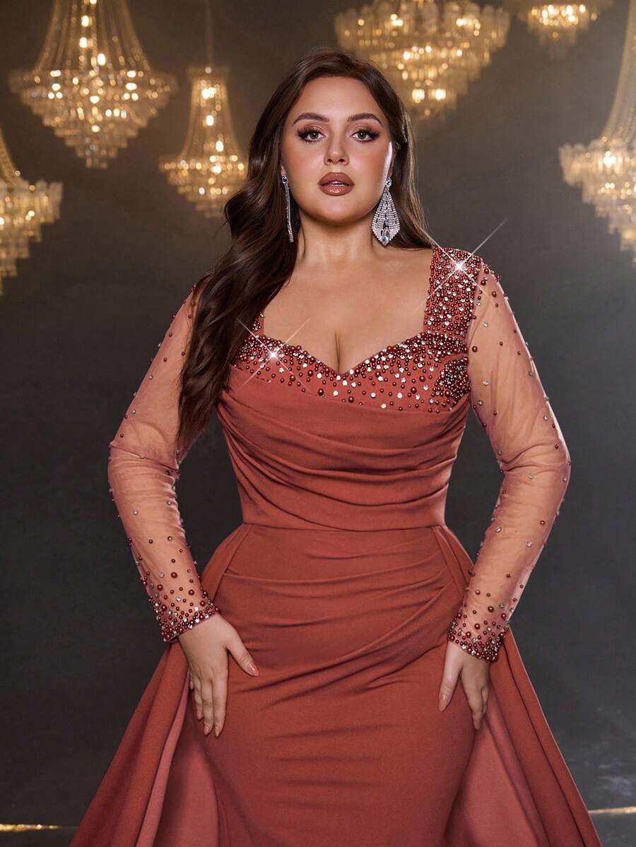 Glamrae Plus Size Elegant Romantic Withered Rose Color Square Neck Long Sleeve Sheer Luxury Rhinestone Bubble Ruffle Decor Mermaid Hem Embellished Formal Evening Gown