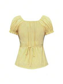SHEIN Raffinéa Women's Summer Casual Everyday White And Yellow Striped Top,Cute Big V-Neck Front Button Babydoll Shirt,Square Neck Ruched Spring Short Sleeve Tops - Yellow - View 7