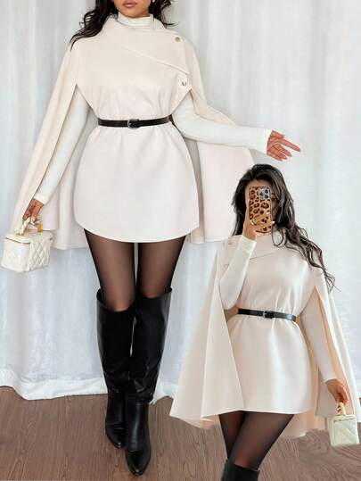 Rafferiza Elegante abrigo capa de solapa de color beige con cinturón negro en la cintura, para otoño/invierno