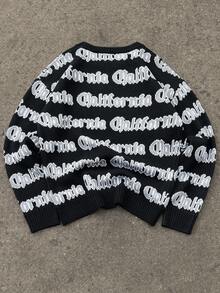 Manfinity EMRG Men's Casual Letter Pattern Round Neck Drop Shoulder Long Sleeve Sweater, Autumn Men Knit Sweater California Sweater Mens Graphic Knit Sweater Mens Black Sweater Mens Knitwear