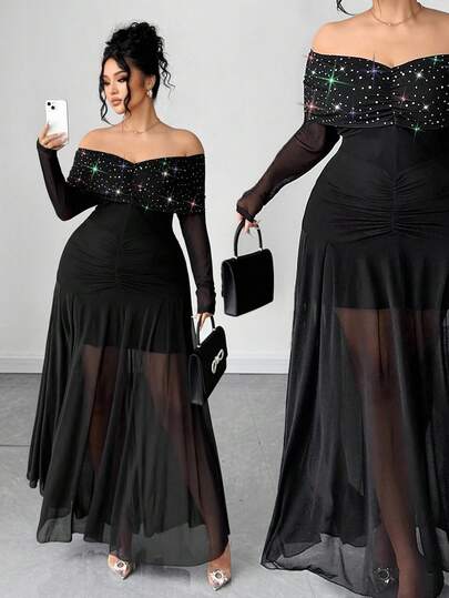 Elenzga Vestido elegante de mujer con hombros descubiertos y lentejuelas