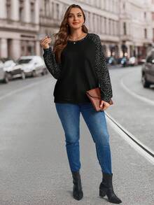 EMERY ROSE Plus Size Women Casual Leopard Print Contrast Color Sleeve Sweatshirt, Suitable For Fall/Winter