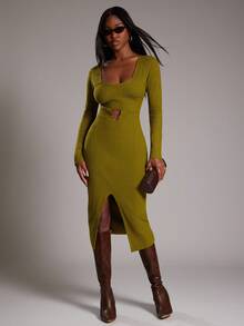NYA SZN Đầm dài tay ôm sát bodycon dệt kim co giãn dệt kim mini xẻ tà cắt rời dệt kim gân dịp đặc biệt đám cưới khách hẹn hò ăn trưa quý tộc khiêm tốn thu đông thích hợp đi làm trang phục cho phụ nữ - màu xanh lá - Xem 1