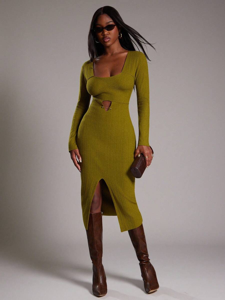 NYA SZN Đầm dài tay ôm sát bodycon dệt kim co giãn dệt kim mini xẻ tà cắt rời dệt kim gân dịp đặc biệt đám cưới khách hẹn hò ăn trưa quý tộc khiêm tốn thu đông thích hợp đi làm trang phục cho phụ nữ - màu xanh lá - Xem 1