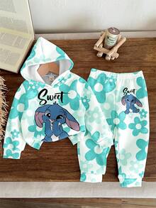 SHEIN 2 件套卡哇伊卡通蓝色兔子露露，针脚图案，渐变花卉印花宽松休闲套头连帽衫套装，适合年轻女孩，返校季，2000 年代风格，韩版，秋冬，垃圾摇滚，条纹，舒适轻松，时尚童装，可爱连帽衫，女童冬装，嬉皮士，音乐节，BM，复古甜美 - 彩色 - 查看 4