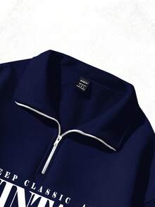 SHEIN EZwear Women's Loose Half-Zip High Neck Vintage Car Print Fleece Sweatshirt, Suitable For Fall/Winter, Y2K, Street Style - Navy Blue - View 7