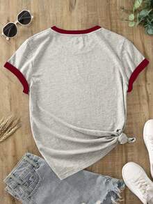 Franclia Camiseta de mujer casual de manga corta con cuello redondo y ribete de contraste - Gris - Ver 2