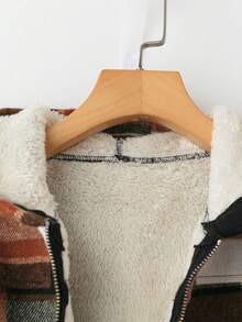 EMERY ROSE 女士休闲格纹保暖内衬短款连帽夹克，秋冬 - 橘色 - 查看 3