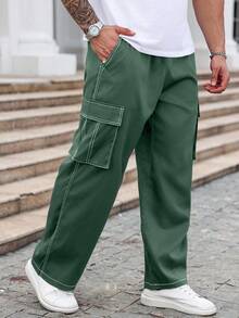 Manfinity Homme Plus Size Men's Casual Everyday Flap Pocket Loose Straight Leg Pants, For Fall - Dark Green - View 3