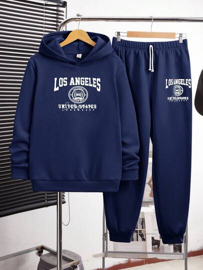 SHEIN 2 件套青少年男童英文徽标印花保暖连帽衫和保暖图案印花慢跑裤套装，适合秋季、冬季、学校、休闲、日常、运动、百搭和简约