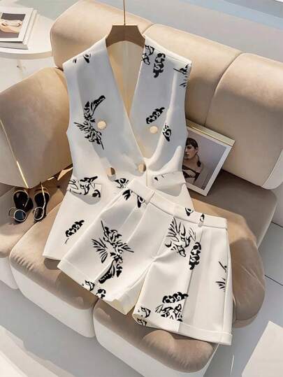 Franclia 2pcs/Set Women's Floral Print Sleeveless Suit Vest And Shorts Set