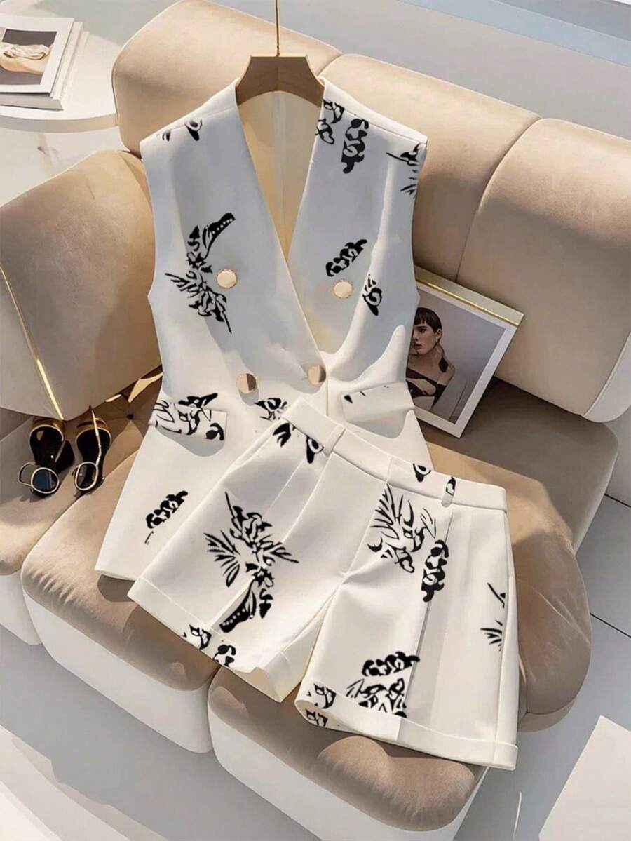 Franclia 2件套女士碎花无袖西装背心和短裤套装 - 白色 - 查看 1