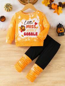 2 件套女婴服装，时尚可爱的叶子和火鸡印花“Little Miss GOBBLE”字母图案长袖上衣和扎染印花拼布裤，适合感恩节秋季服装 - 彩色 - 查看 1