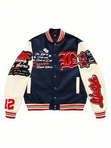 PAVTROS 男士长袖休闲学院风贴布纽扣棒球夹克，秋季男士印花棒球夹克，圣诞节