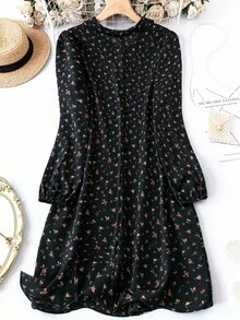 SHEIN Clasi Plus Ditsy Floral Print Lantern Sleeve Dress Fall Cloth For Women