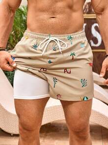 Manfinity Swimmode Men's Simple Print Beach Shorts Beach Wear - Khaki - View 3