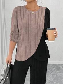 EMERY ROSE Plus Size Crew Neck Long Sleeve Soft Knit Ribbed Asymmetrical Patchwork Top & Straight Leg Pants 2 Pieces Set,Black,Autumn,Smart Casual,Vacation Fall - Multicolor - View 6