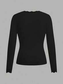 Tseoso 95% Cotton Casual Deep V-Neck Lace Trim Fitted Long Sleeve T-Shirt, Suitable For Autumn/Winter,Black Tops - Black - View 2