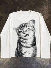 INAWLY 女士猫咪印花圆领长袖T恤 - 彩色 - 查看 1