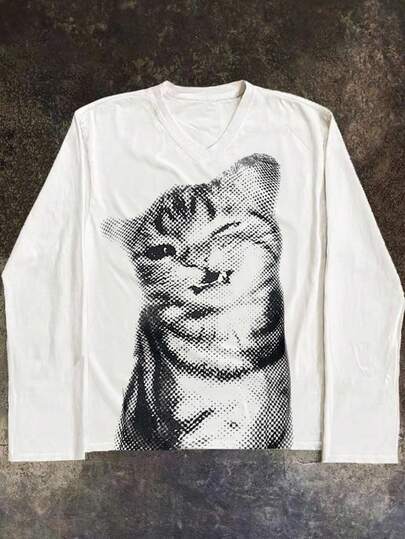 INAWLY 女士猫咪印花圆领长袖T恤