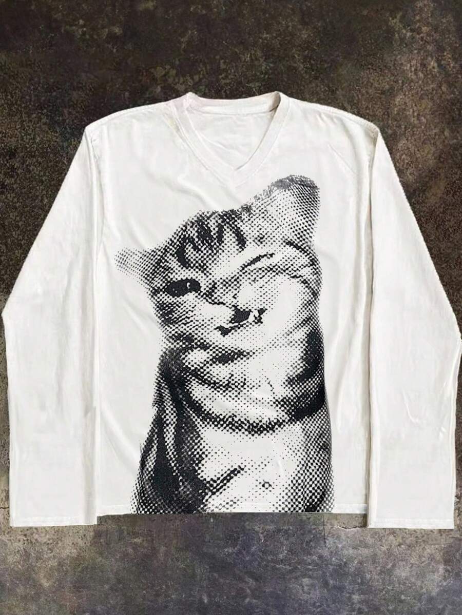 INAWLY 女士猫咪印花圆领长袖T恤 - 彩色 - 查看 1