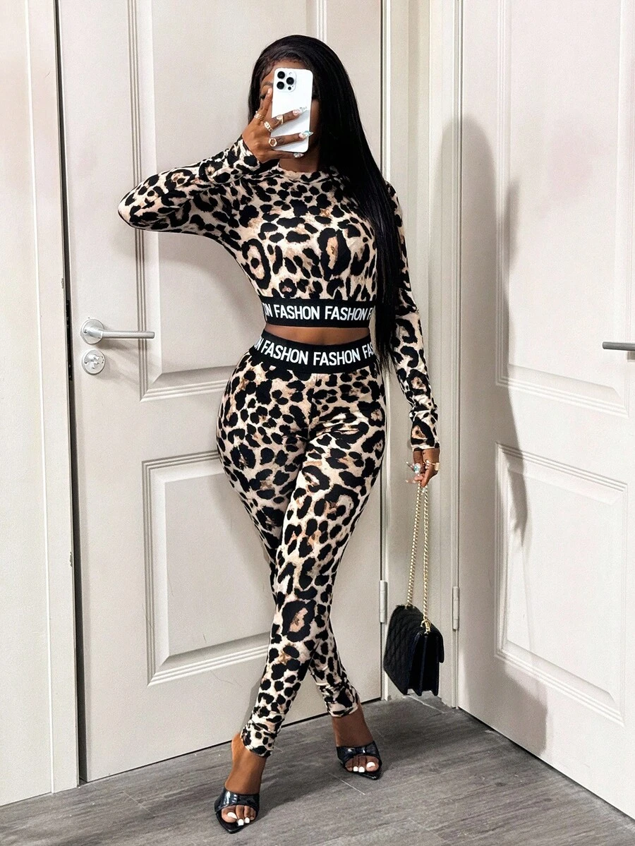 BamGleam Set 2 bucăți la modă, sexy, cu imprimeu leopard, text în engleză, cu talie elastică, pentru femei - imagine 6