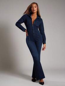 NYA SZN 连体裤牛仔布修身紧身工装口袋细节束带街头风格乡村朴素老钱教堂商务休闲办公室教师秋冬适合女性通勤服装 - 深色水洗藍 - 查看 5