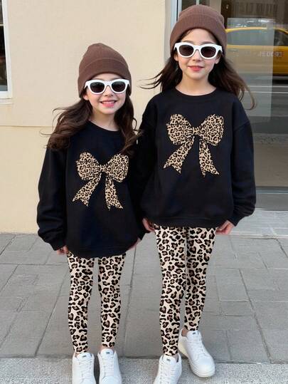 Sparklyn 2 st/set för tween-flickor, casual höstkläder, leopardmönster, rosettdekor, grafisk tröja och leggings, vinterkläder