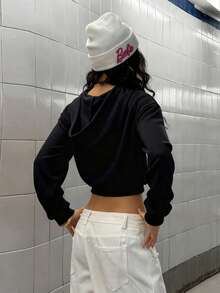 StreetHx Áo khoác cardigan dáng rộng, khóa kéo kim cương phong cách Hàn Quốc cho nữ, áo nỉ ngắn tay dài - màu đen - Xem 3