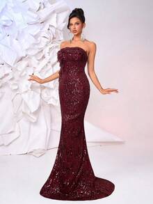 Glamrae Luxury Handmade Chocolate Brown Beaded Applique Mermaid Formal Evening Gown With Adjustable Lace-Up Back, Sophisticated Craftsmanship - Burgundy - View 6